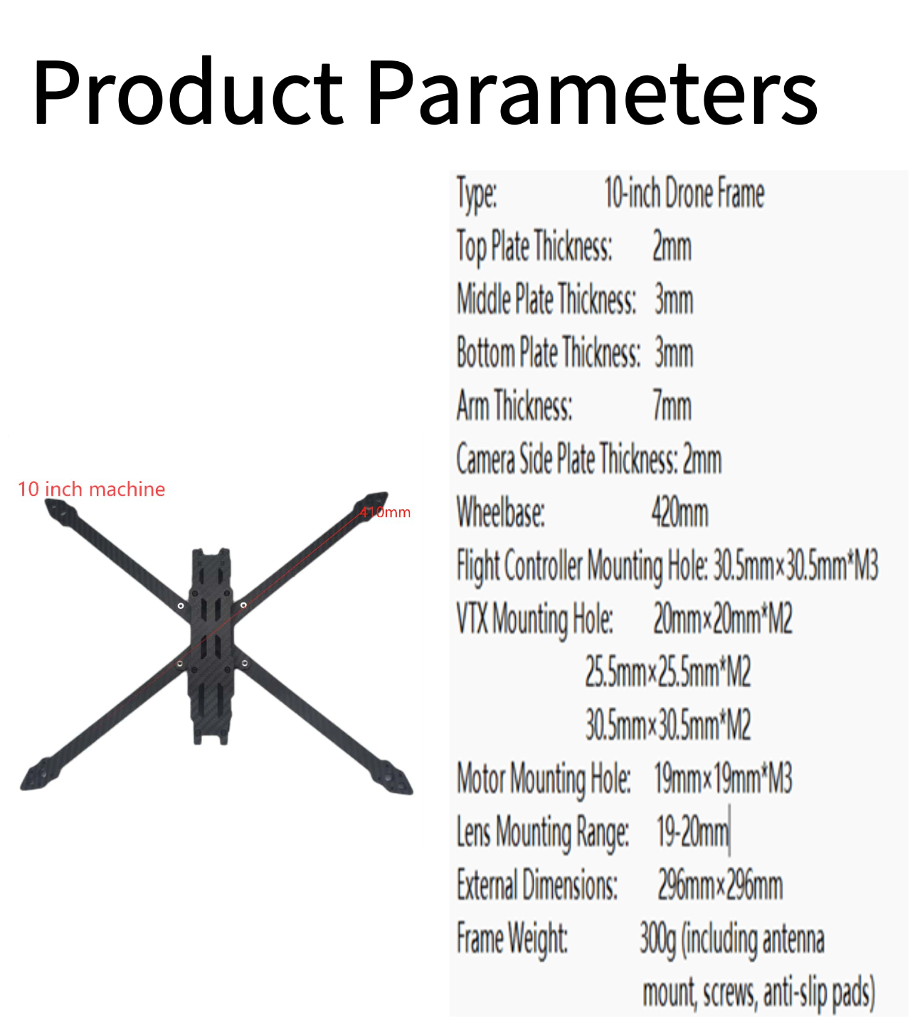 Tenswall 10 Inch Carbon Fiber FPV Drone Frame Long Range Quadcopter Kit