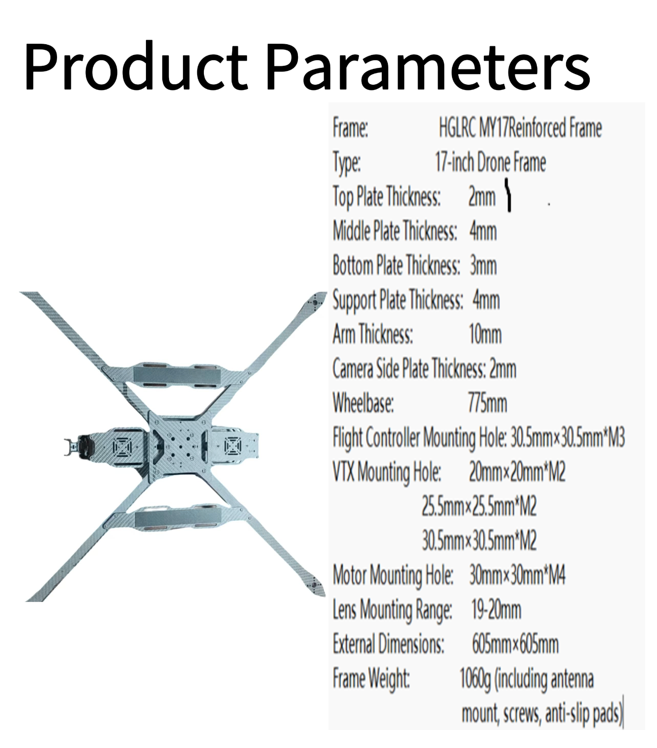 Tenswall MY17 God of War 17 Inch Dual Battery Reinforced Carbon Fiber FPV Drone Frame